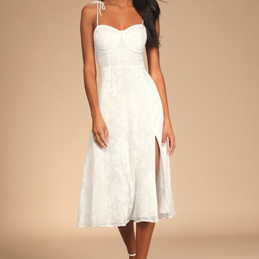 Lulus Loveliest Looks White Floral Jacquard Tie-strap Midi Dress - Size M